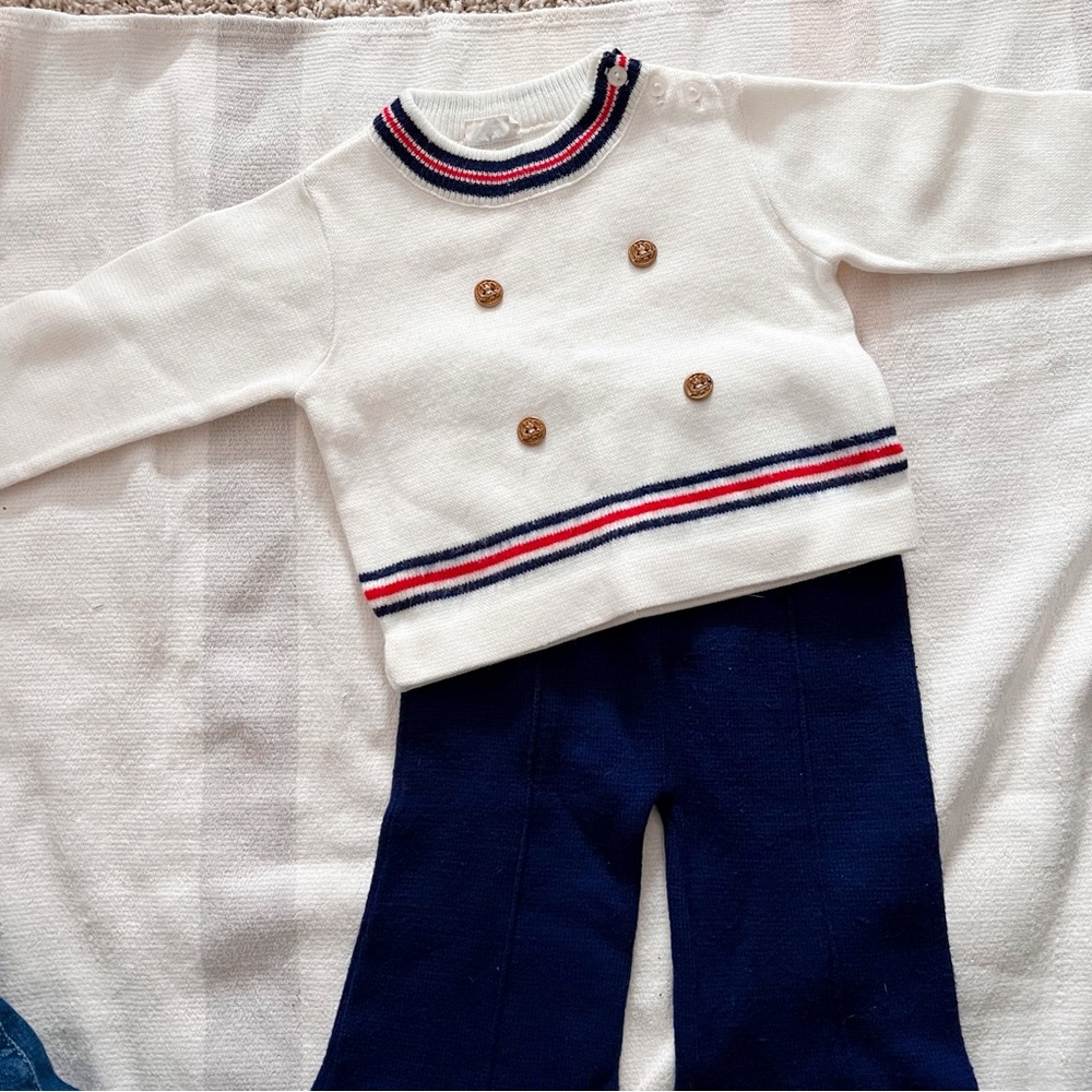 Vintage mid century nautical infant baby knit sweater pant set‎